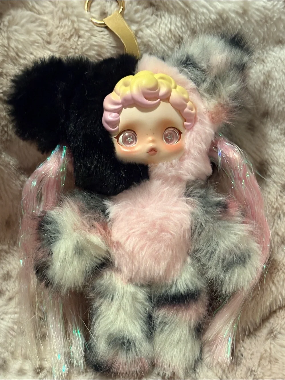 Custom Skull Panda Pink and Black Faux Fur with Pink tinsel hair Plush Pendant